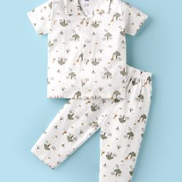 Pink Rabbit Single Jersey Knit Half Sleeves Night Suit with Jungle Theme Print - White-image-41