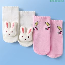 Babyoye Cotton Bamboo Knit Socks with 3D Bunny Applique Bunny Print Pack of 2 - White & Pink-image-51