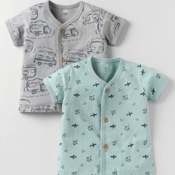 Pink Rabbit Single Jersey Knit Half Sleeves Front Open Jhablas with Vehicle Print Pack of 2 - Grey & Sky Blue-image-53