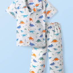 Babyhug Cotton Woven Half Sleeves Co-ords Night Suit With Dino Print - White-image-65