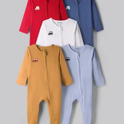 Bonfino 100% Cotton Full Sleeves Vehicles Printed Footed Sleepsuit Pack Of 5 - Multi Colour-picture-1