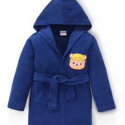Babyhug Cotton Knit Full Sleeves Hooded Bathrobe with Bear Embroidery - Navy Blue-image-20