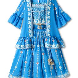 Babyhug Woven Three Fourth Sleeves Georgett Embriodered Lehenga Choli & Shrug Set - Blue-image-94