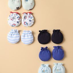 Ben Benny 100% Cotton Interlock Knit Mittens with Stripe Design Animal & Nautical Print Pack of 6 - White Navy Blue & Blue-image-94