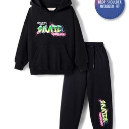 Primo Gino Boys 100% Cotton French Terry Knit Oversized Drop Shoulder Full Sleeves Hoodie Sweatshirt with & Jogger Set with Street Skate Print - Black-picture-2