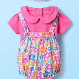 Babyhug 100% Cotton Interlock Knit Half Sleeves Dungaree Style Onesie with Headband & Floral Print - Pink-image-63