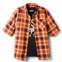 Pine Kids Cotton Woven Full Sleeves Checks Shirt With Text Print T-Shirt - Orange-picture-48