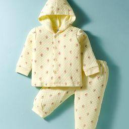 Tango Knit Full Sleeves Front Open Hooded Co-ord Winter Night Suit With Bear Print - Lemon-picture-23