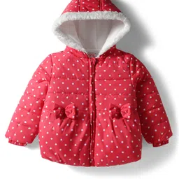 Babyhug Woven Full Sleeves Hooded Padded Jacket With Polka Dot Print & Bow Applique - Red-picture-11