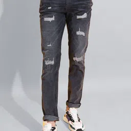 fineblu Men Skinny Fit Highly Distressed Light Fade Stretchable Jeans-picture-3