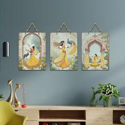 ArtVibes Yellow & Green 3 Pieces Traditional Indian Printed Wooden Hanging Wall Arts-image-57