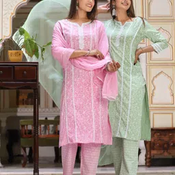 SINGNI Ethnic Motifs Printed Regular Thread Work Kurta with Trousers & Dupatta image 2