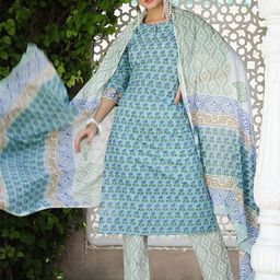 Taavi Floral Printed Pure Cotton Round Neck Straight Kurta With Trousers & Dupatta-picture-45