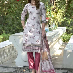PEENGAX Floral Printed Round Neck Kurta With Trousers & Dupatta-image-73