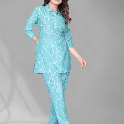 Anouk Turquoise Blue Printed Three-Quarter Sleeves Tunic With Trouser-picture-2