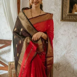 CANIZZARO Women Woven Design Ethnic Motifs Zari Banarasi Saree-picture-11