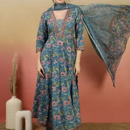 GLAM ROOTS Women Floral Printed Pleated Kurta with Palazzos & With Dupatta-picture-12