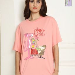 Metronaut Women Pack of 2 Pink Panther Graphic Printed Cotton Oversized T-shirts-image-85