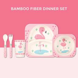 POLKA TOTS Eco Friendly Bamboo Fiber Dinner Set 5 Pcs Tableware Crockery Set - Flamingo-24