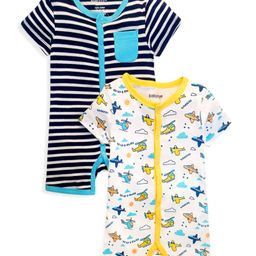 Babyoye Cotton Half Sleeves Rompers Aeroplane Print Pack of 2 - White Navy Blue-image-31