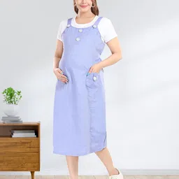 MomsBae Women Maternity Round Neck Pinafore Midi Dress-picture-0