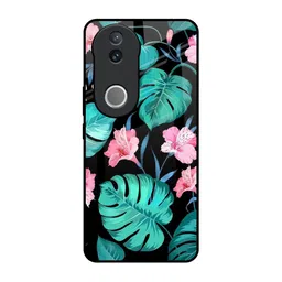 QRIOH Floral Printed Vivo V50 5G Tropical Leaves & Pink Flowers Glass Back Case-image-96