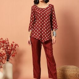 Sangria Woven Design Round Neck Tunic With Trousers-image-23