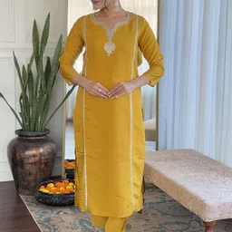 KALINI Ethnic Motifs Embroidered Chanderi Silk Straight Kurta With Trousers And Dupatta-10