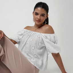 SHOWOFF Off-Shoulder Puff Sleeve Schiffli Bardot Crop Top-picture-11