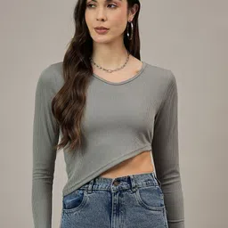 R.Code by The Roadster Life Co. Women Ribbed Asymmetric Hem Crop Casual Top-image-28