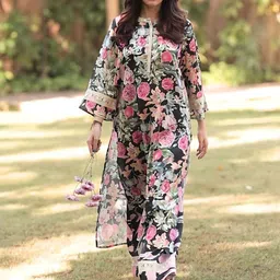 Svamsa Floral Printed Round Neck Satin Tunic & Palazzo-42