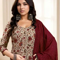Anouk Floral Embroidered Regular Beads and Stones Straight Kurta with Trousers & Dupatta-12