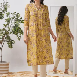 KAMI KUBI Floral Printed V-Neck Pure Cotton Straight Kurta-picture-21