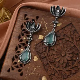 VENI 92.5 Silver Plated Artificial Stones Studded Oxidised Teardrop Drop Earrings-picture-43