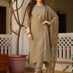 KALINI Women Woven Design Embroidered Kurta with Trousers & Dupatta-picture-0
