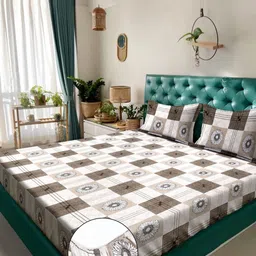 KLOTTHE Brown & White Geometric Printed 300 TC Double Bedsheet Set 2.7 m x 2.7 m-28