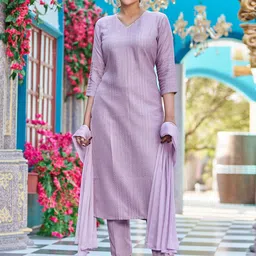 VIBE VISION Floral Self Design V-Neck Pure Silk Straight Kurta with Trousers & Dupatta-image-64