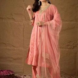 House of Pataudi Floral Embroidered Sequined V Neck A-Line Kurta with Trouser & Dupatta-38