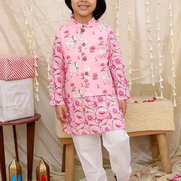 KID1 Boys Floral Printed Pure Cotton Straight Kurta With Trousers And Jacket-picture-45