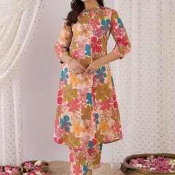 Indo Era Floral Printed Mandarin Collar Pure Cotton A-Line Kurta With Trouser-36