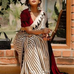 zinzraa Striped Printed Satin Saree With Blouse Piece-12