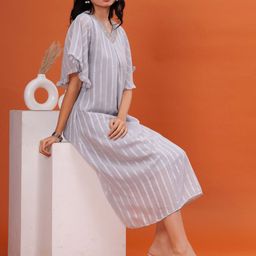BAESD Women Striped V-Neck Fit & Flare Midi Dress-image-11