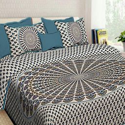 Aura Blue & White Ethnic Motifs 144 TC Queen Bedsheet with 2 Pillow Covers-image-77