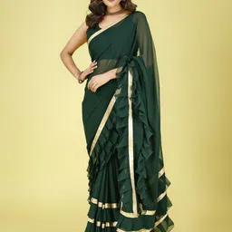 F FASHION Ruffles Pure Georgette Saree with Golden Lace Border-picture-21