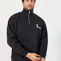 Styli Black Quarter Zip Chest Print High Neck Long Sleeves Boxy Fit Heavy Sweatshirt-image-8