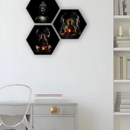 SAF Black & Orange 3 Pieces Buddha Religioius Printed Wooden Wall Art-image-94