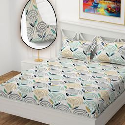 YaAkholic Cream & Green Floral Printed Microfiber 210 TC King Bedsheet Set 1.98m x 1.82m-image-39