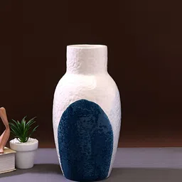 Myntra Elegant Homes White & Blue Glossy Corrugated Pear Shaped Ceramic Vase-image-60