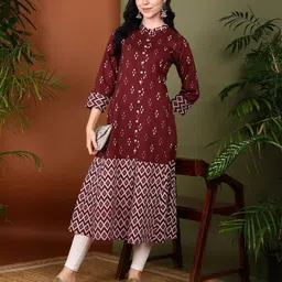 KALINI Geometric Printed Mandarin Collar Ikat Panelled Cotton A-Line Kurta-picture-28
