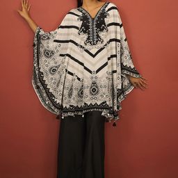 Anouk Paisley Printed V-Neck Pure Silk Kaftan Kurti With Trousers-image-13